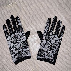 Madonna 80s inspired fashion - black lace embellished gloves